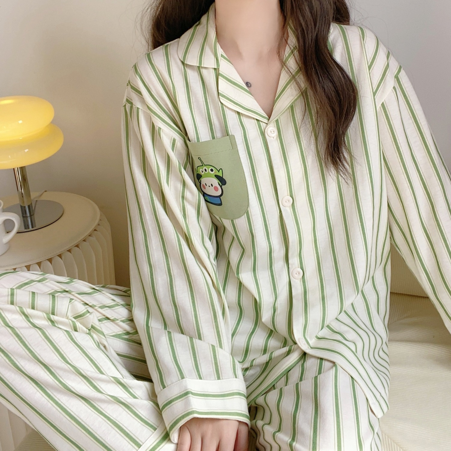 纯棉睡衣女春秋季可爱韩版条纹绿色简约宽松长袖ins风家居服套装