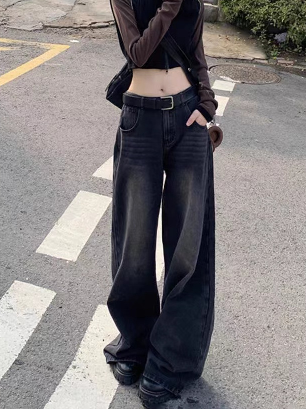 美式復古高腰闊腿牛仔褲女秋季高街設計感寬鬆顯瘦直筒垂感拖地褲