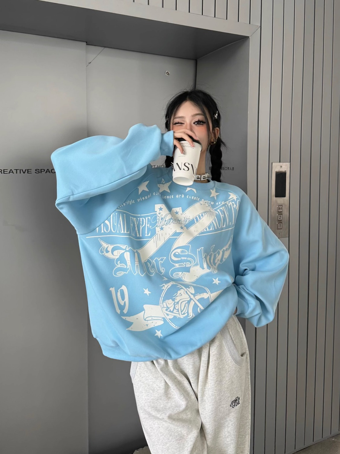 100%純棉美式復古星星印花圓領衛衣女秋冬季新款情侶上衣ins潮牌
