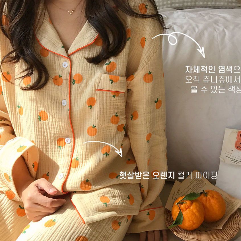 Bubble gauze pajamas women's spring and autumn long-sleeved trousers cartoon orange ins style net red cardigan home service suit