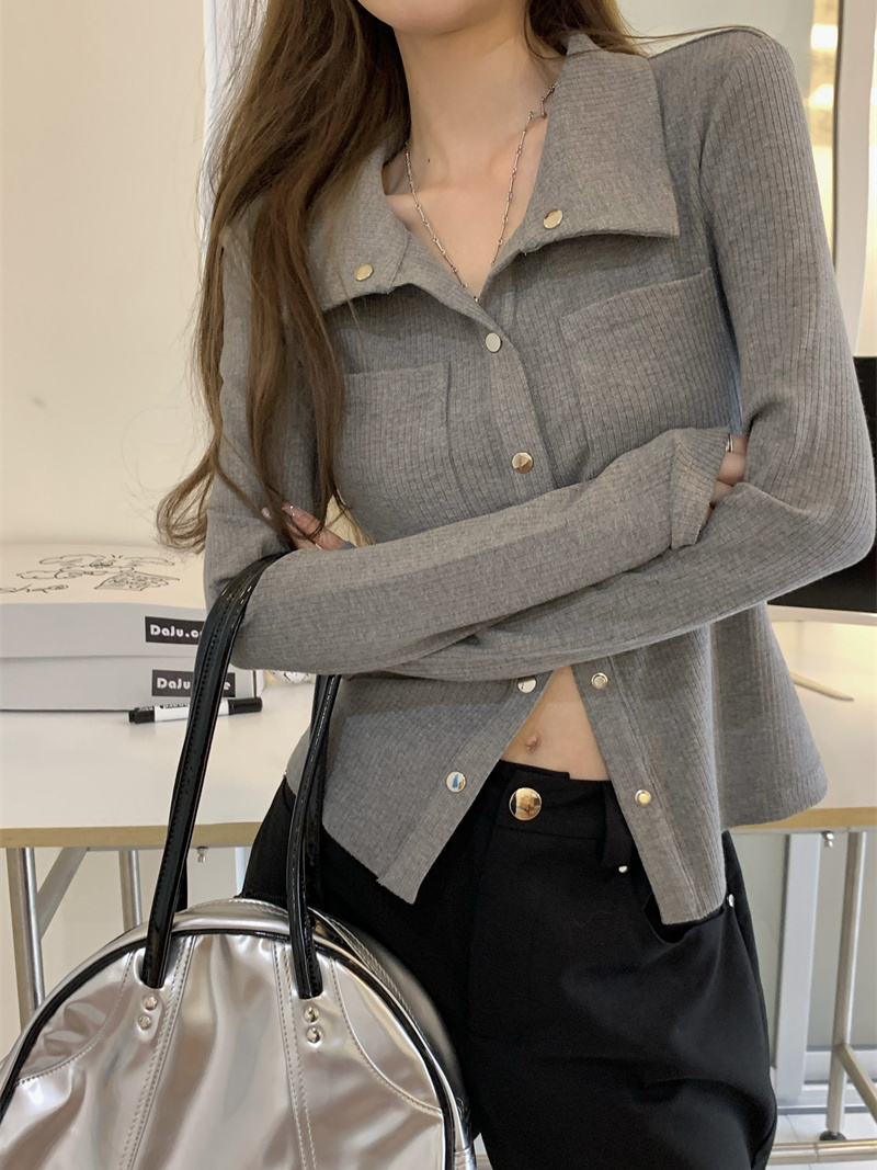 POLO領短款針織衫女春秋季新款設計感潮灰色長袖辣妹修身內搭上衣