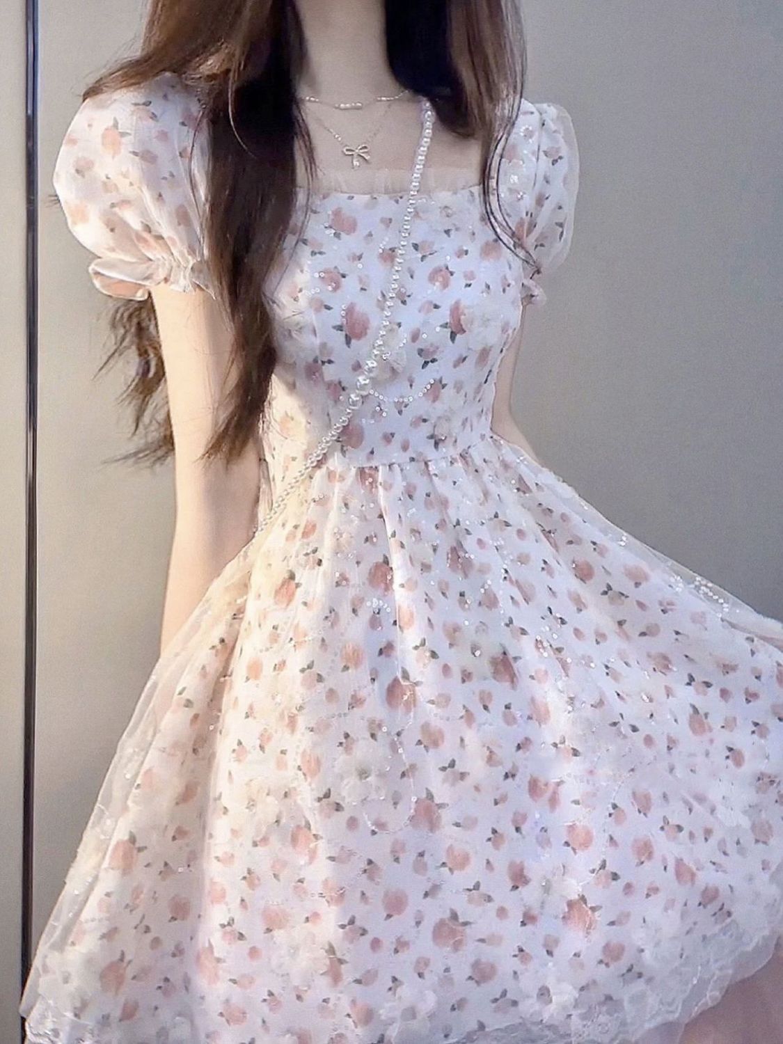 French Milk Sweet Floral Princess Skirt Neck Waist Chic and Beautiful First Love Gentle Wind Puff Sleeve Puffy Dress Summer