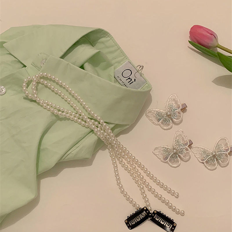 Yang Chaoyue's same style pearl braided hair chain side hair accessories bow hair clip headdress internet celebrity 2021 new style