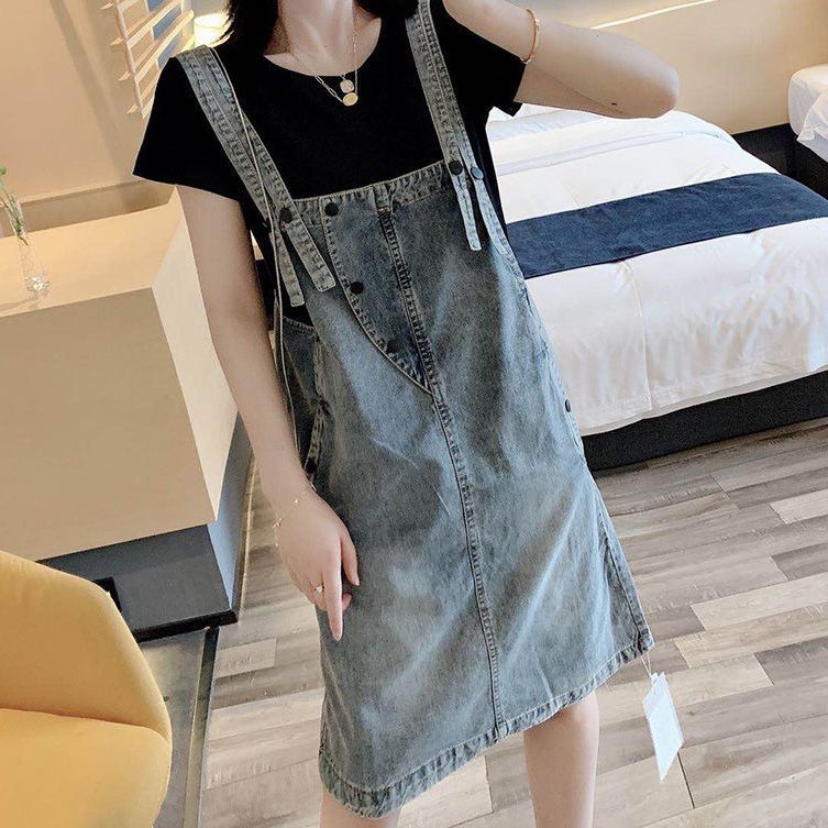 Fashion denim suspender dress two-piece set female  Xia Xin a-line skirt age-reducing western style suspender skirt suit