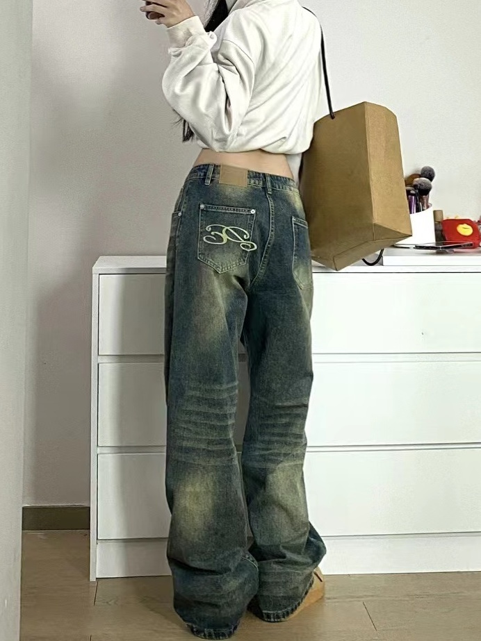 美式高街復古直筒牛仔褲女秋季辣妹設計感低腰寬鬆闊腿拖地褲子潮