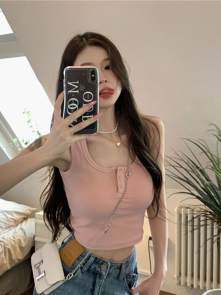 Pink Hot Girl Camisole for Women with Bottoming and Beautiful Back Summer Sweet and Spicy Style Outerwear Short U-neck Racer Top