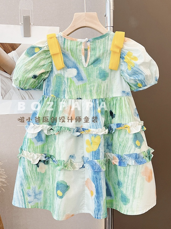 Boys summer short-sleeved shirt 2023 new sister and brother clothing children's skirt refreshing watercolor painting gradient skirt