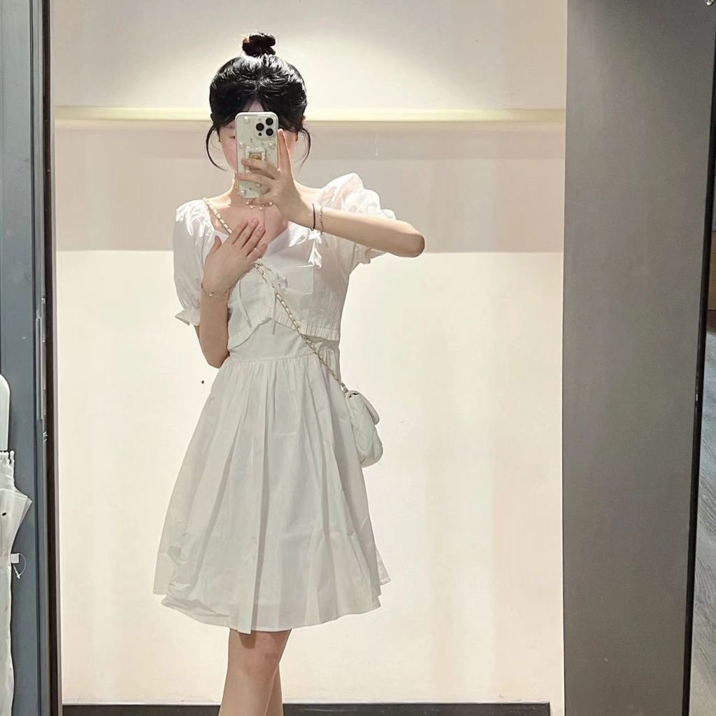 French design puff sleeves square collar white dress female student summer Korean version waist slimming a-line skirt