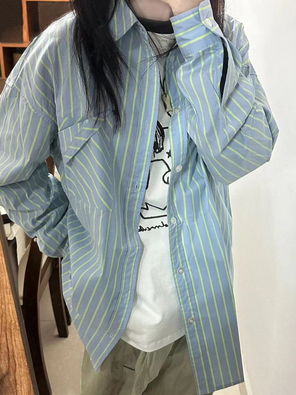 2023新款多巴胺穿搭藍青色條紋襯衫女寬鬆休閒慵懶風薄款襯衣外穿