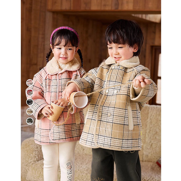 Girls' fashionable plaid jacket, new style, boys' autumn and winter children's Korean style baby velvet motorcycle tops