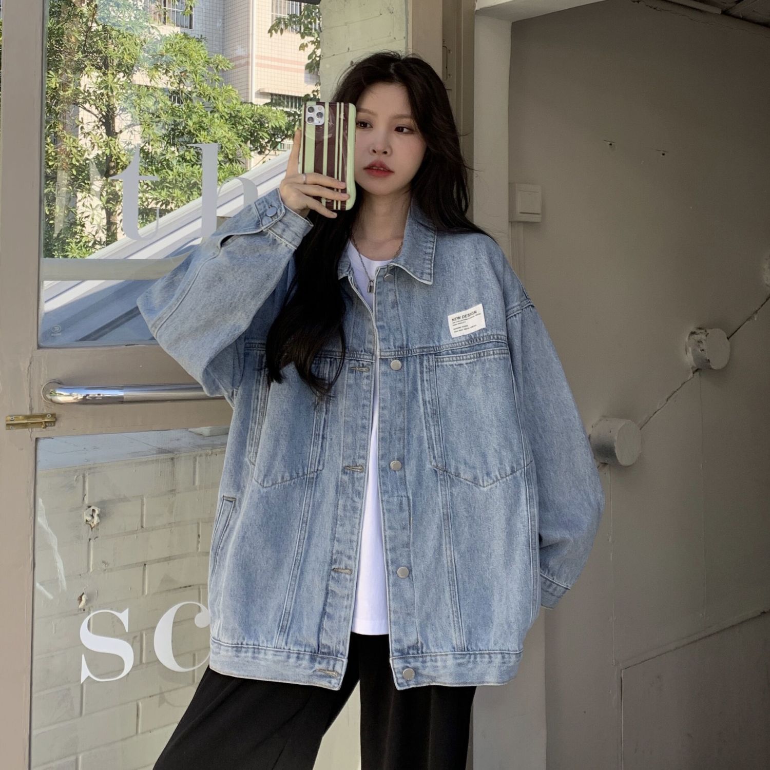 美式復古藍色牛仔外套女春夏2023新款寬鬆百搭設計感小眾襯衫外套