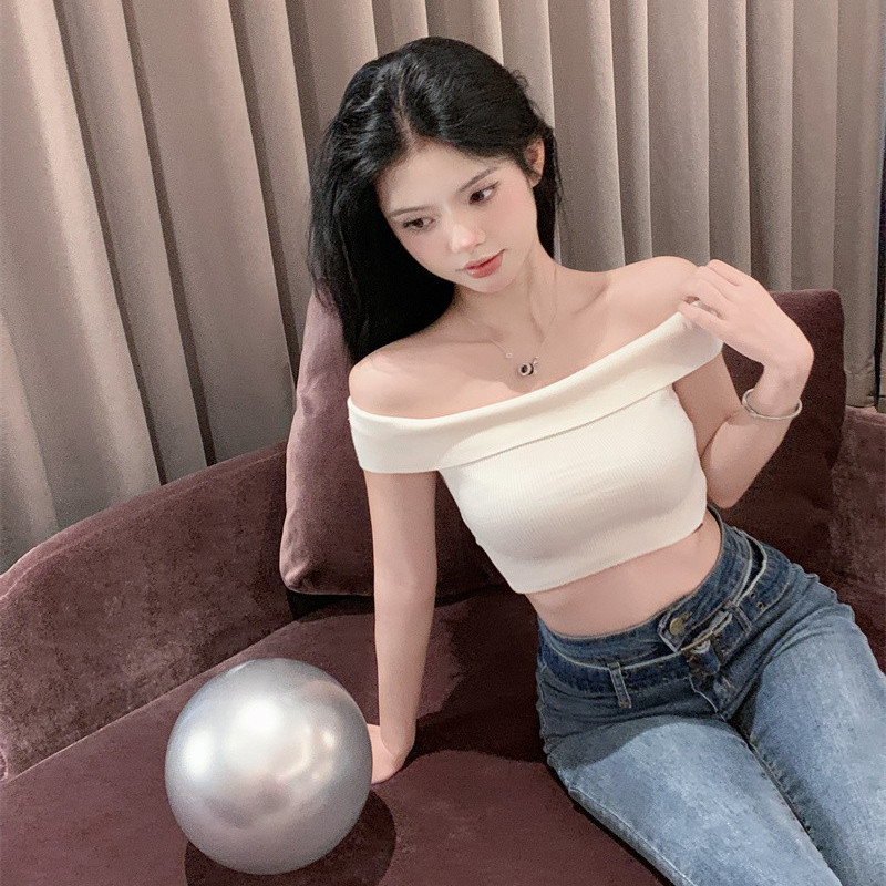 Pure desire wind sexy ultra-short tube top one-shoulder navel top women's summer new sweet and spicy clavicle tight T-shirt