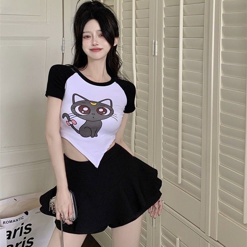 Pure desire style irregular top showing breasts big summer female anchor sexy short tight tight waist hot girl short-sleeved T-shirt