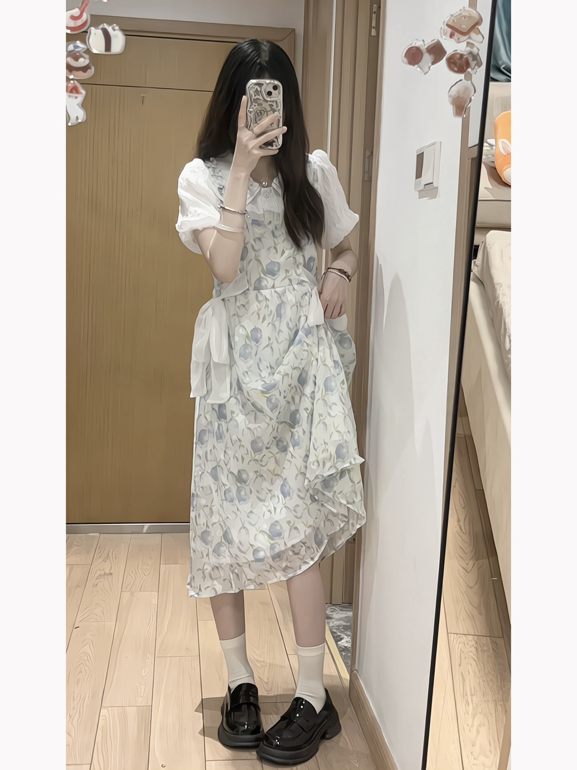 College style fake two-piece doll collar floral dress girl student Japanese sweet tie waist waist age reduction A-line skirt