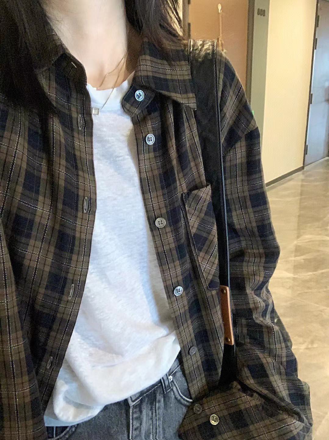 春秋長袖格子襯衫女復古高級感Polo領襯衣外套設計感寬鬆顯瘦上衣