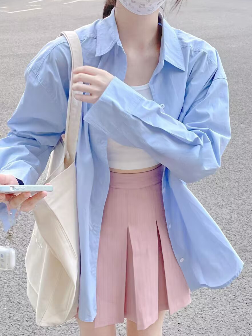 秋季女裝港風淺藍色襯衫女長袖外穿寬鬆百搭韓版學生襯衣上衣洋氣