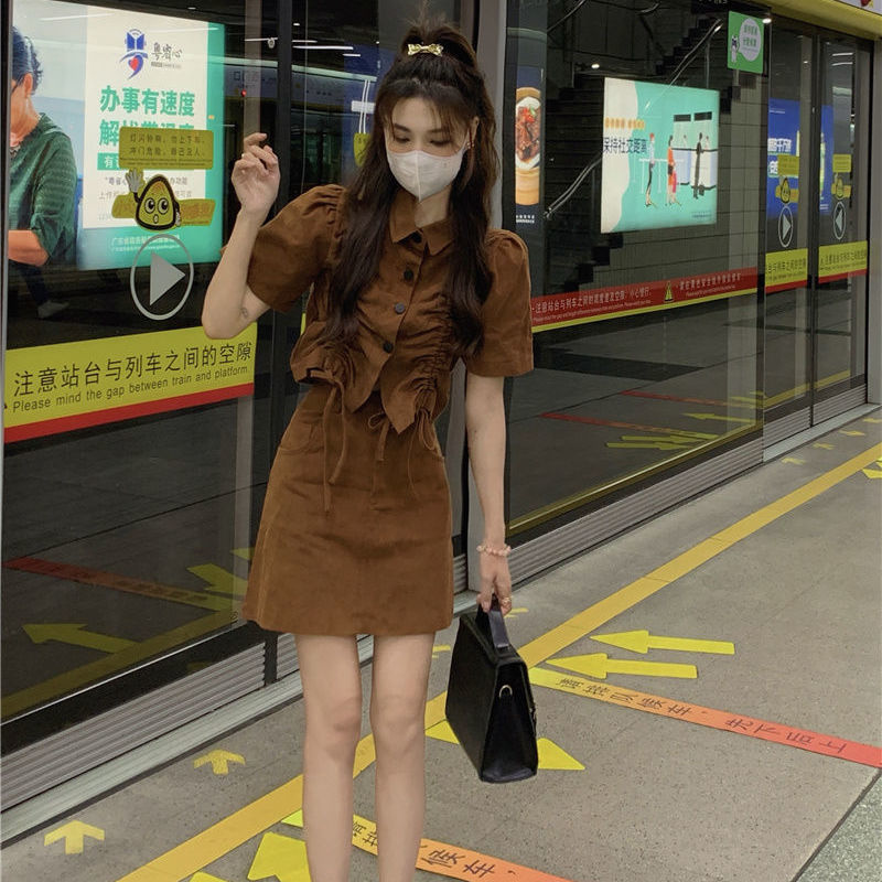 復古洋氣減齡工裝炸街兩件套裝女抽繩上衣+性感超短裙ins夏季新款