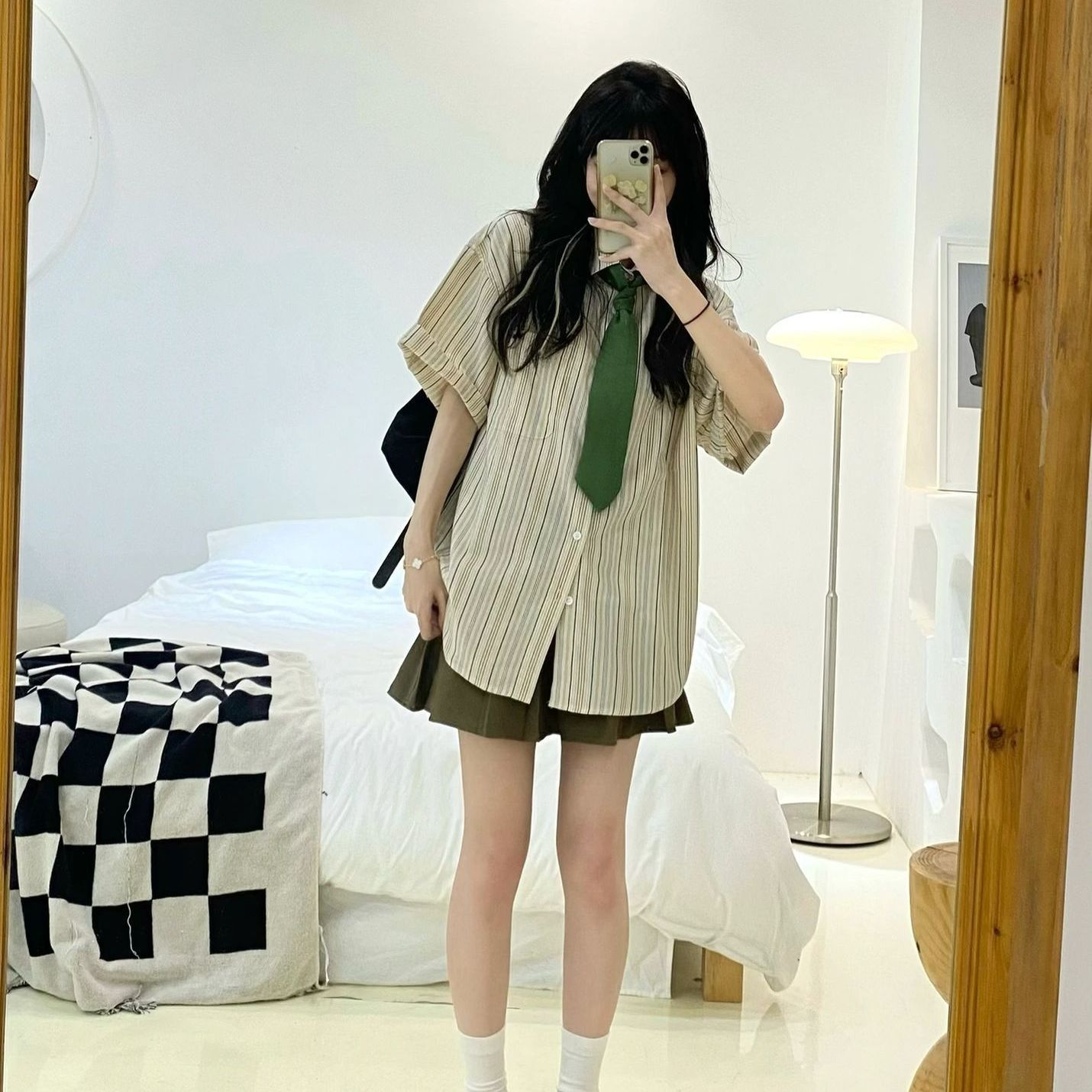 兩件套裝/單件夏季新款條紋襯衫POLO領上衣女校園風ins棕色百褶裙