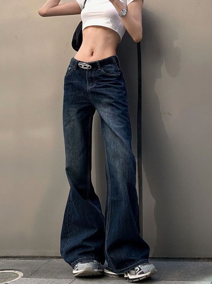 美式復古vibe微喇叭辣妹牛仔褲女2023新款氣質中低腰直筒拖地褲潮