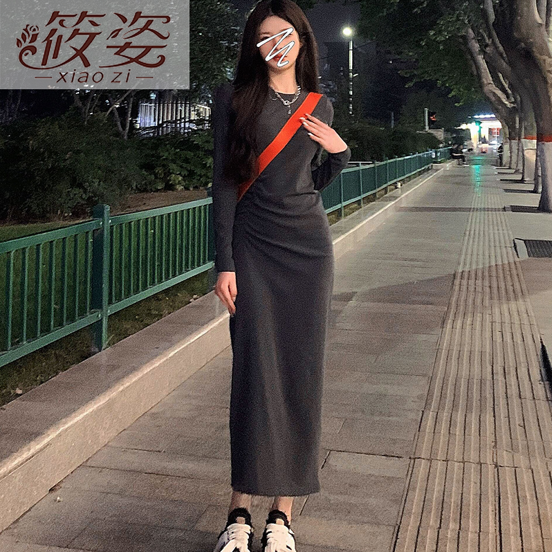 Xiaozi tall and long temperament royal sister French waist pleats casual inner bottoming t-shirt dress female