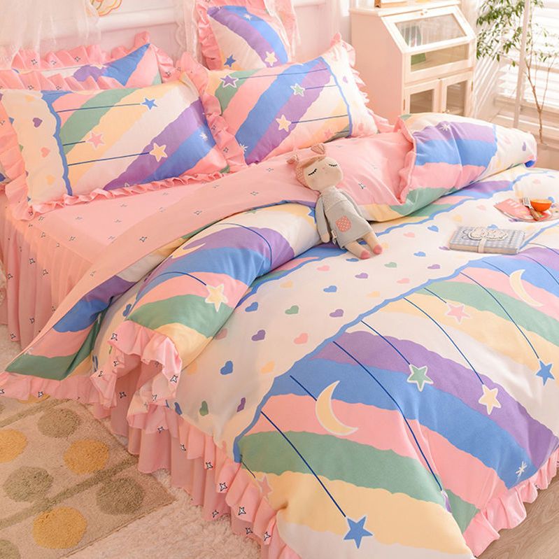 Net red bed skirt 4-piece bedclothes 3-piece princess style skin brushed girl heart bed sheet quilt cover