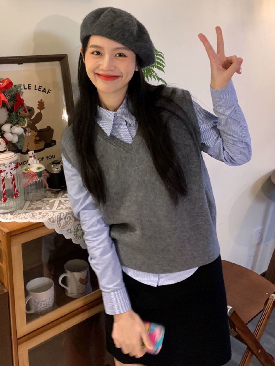 兩件套裝春秋新款韓版針織毛衣馬甲疊穿背心學院風長袖襯衣百搭潮