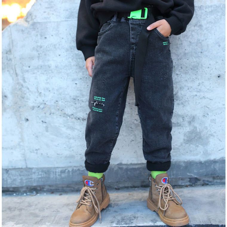 Boys' jeans autumn and winter models new middle and big children's foreign style thickened pants Korean version of boy's fleece pants trendy