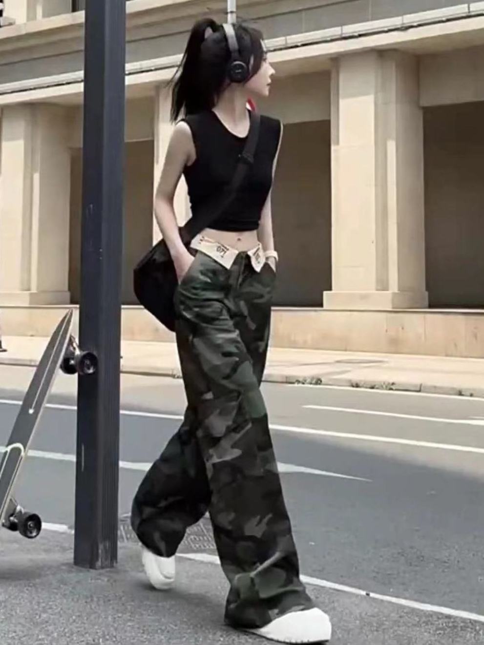 美式vibe復古翻領設計感迷彩牛仔褲女高街多巴胺百搭直筒闊腿長褲