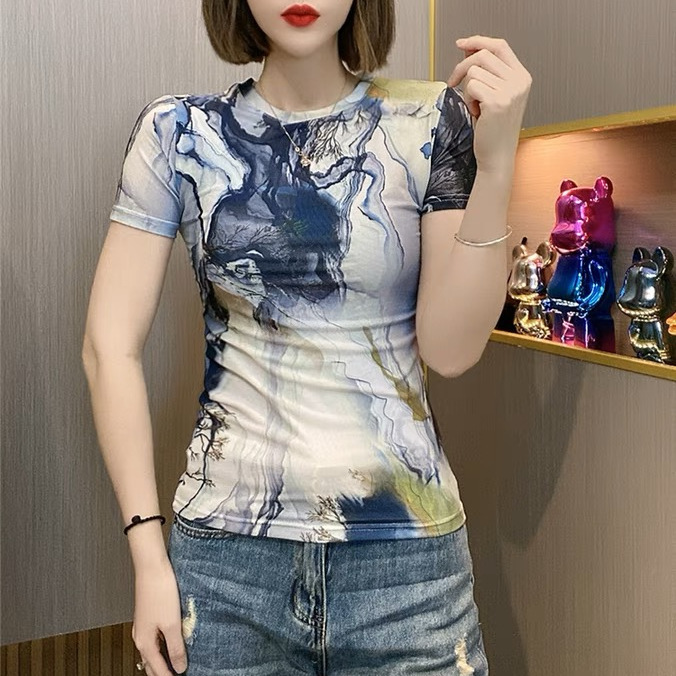 夏裝新款復古中式水墨印花短袖T恤女高級感修身蕾絲輕國風上衣潮