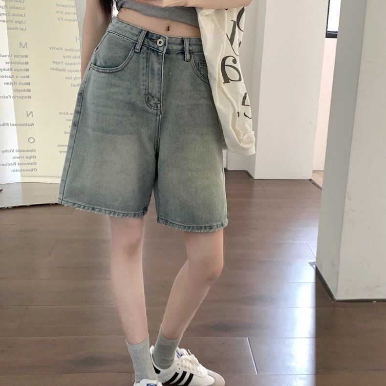 Retro washed jeans women's summer high-waisted loose straight wide-leg shorts slim blue mid-length pants