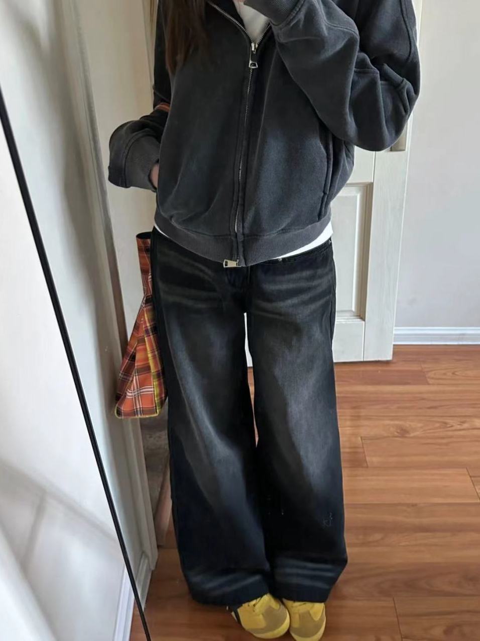 美式高街復古微喇叭牛仔褲女秋季高腰設計感小眾顯瘦直筒拖地褲潮