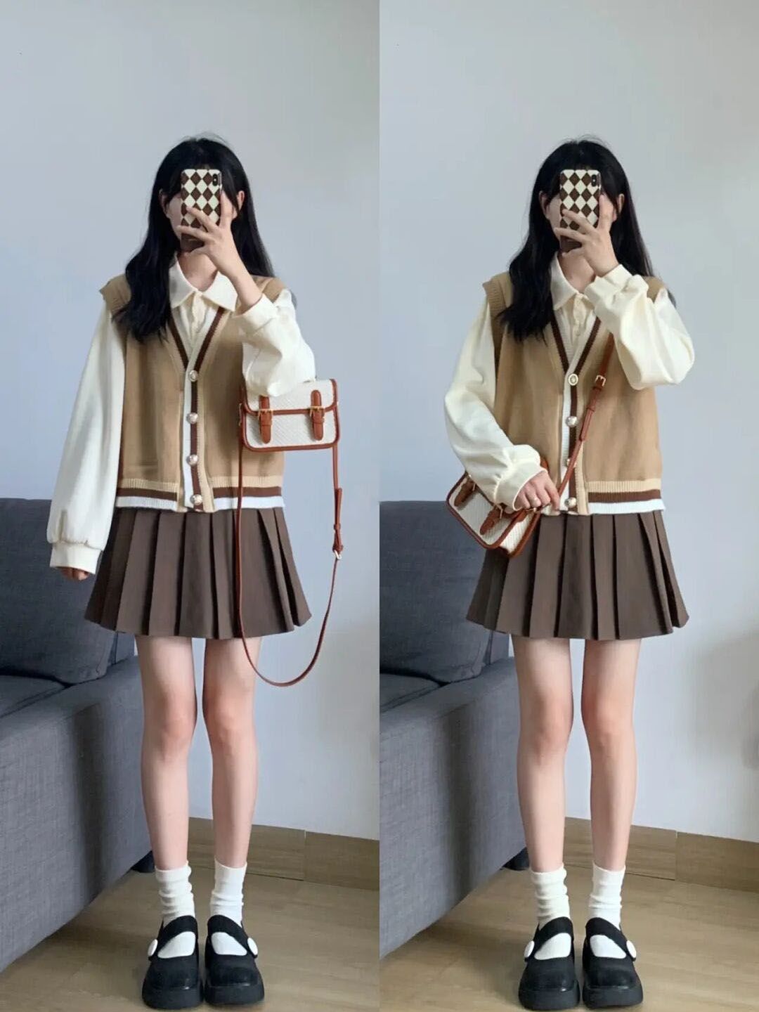 College style autumn suit female 2022 new western style age-reducing thin shirt knitted vest pleated skirt three-piece set