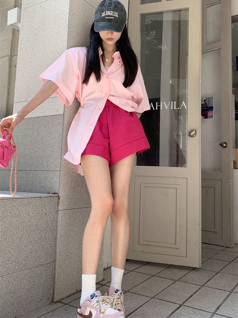 Korean style casual suit female pink polo collar shirt jacket female summer high waist thin wide leg shorts two-piece set