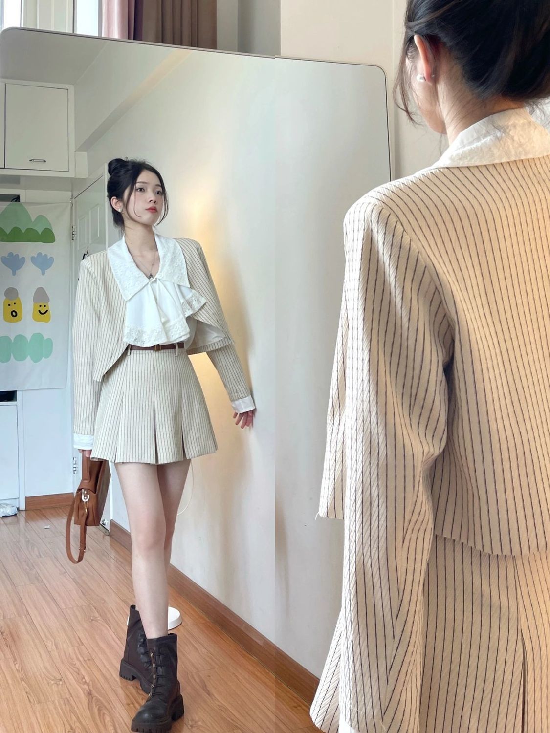 Three-piece suit light luxury style spring and autumn high-quality striped small suit jacket wearing a large lapel shirt skirt