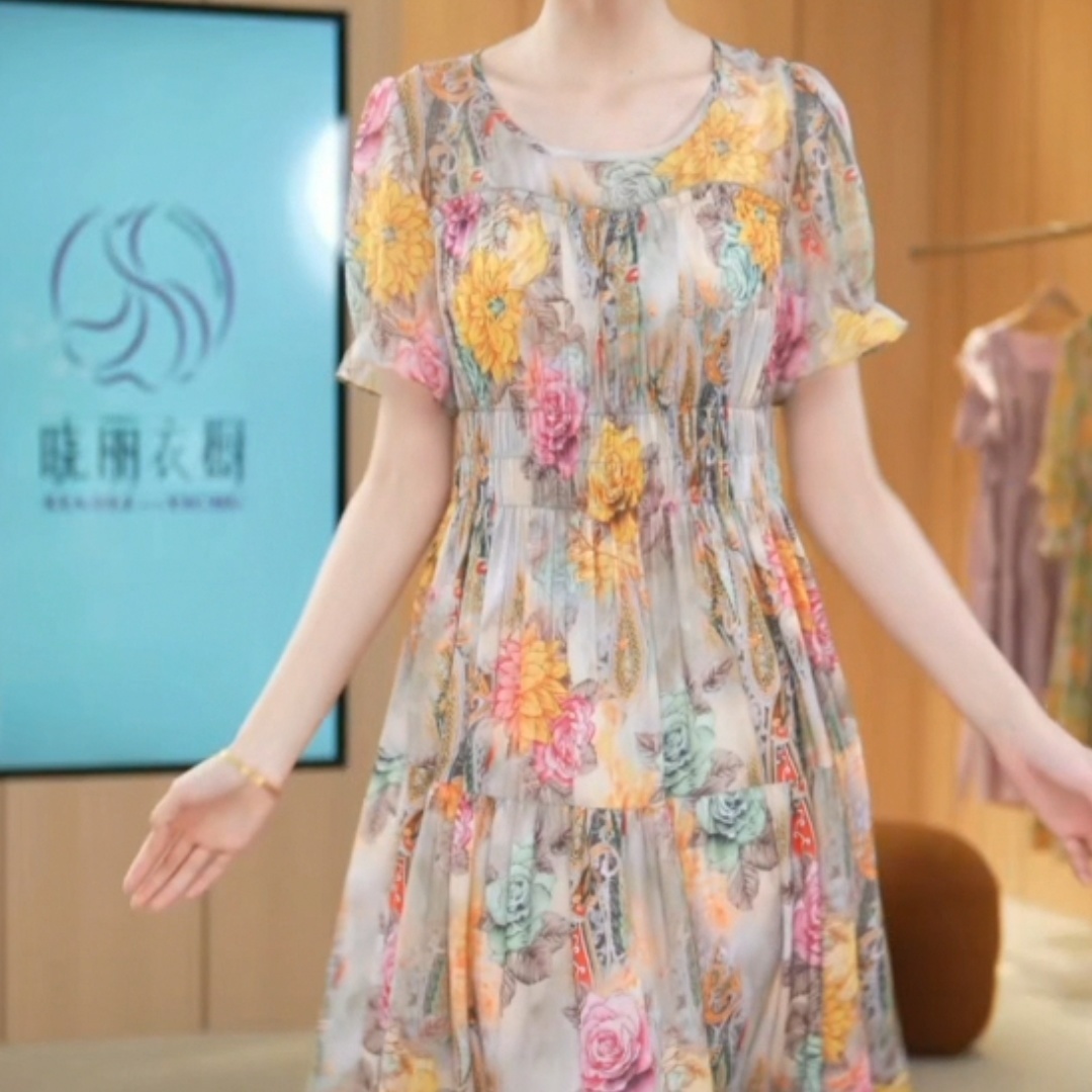 高檔冰絲緞連衣裙2023新款女裝夏短袖收腰顯瘦氣質度假風碎花裙子