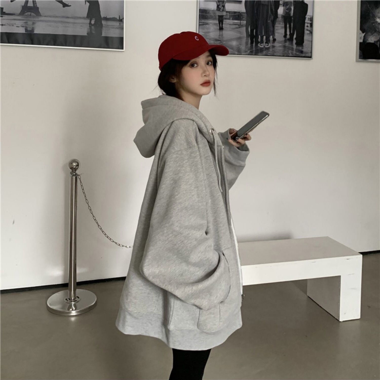 88701-纯色韩版通勤卫衣女oversize灰色连帽卫衣拉链外套女ins潮上衣-详情图