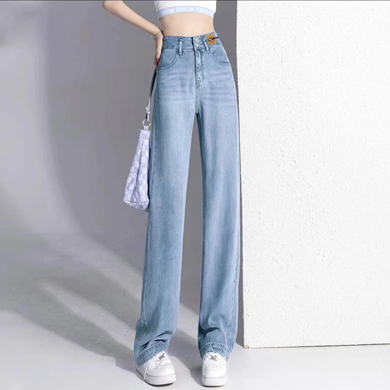 春夏薄款天絲牛仔褲子女新款2023爆款高腰寬鬆垂感直筒彈力闊腿褲