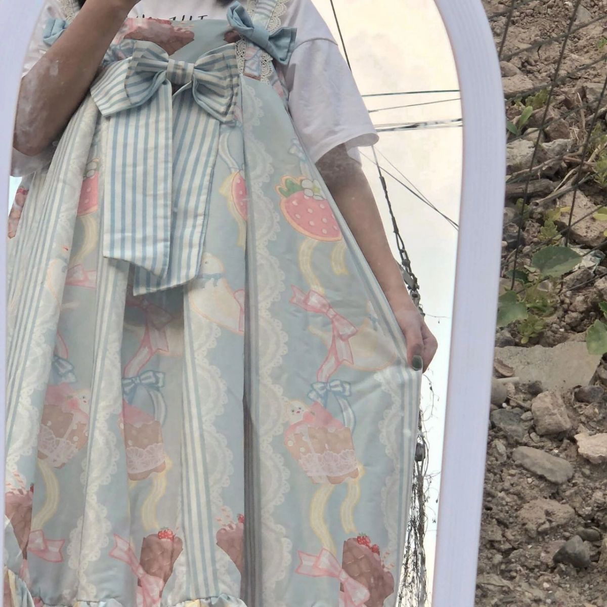 Two pieces/set Summer small bowknot lolita print suspender dress + preppy shirt