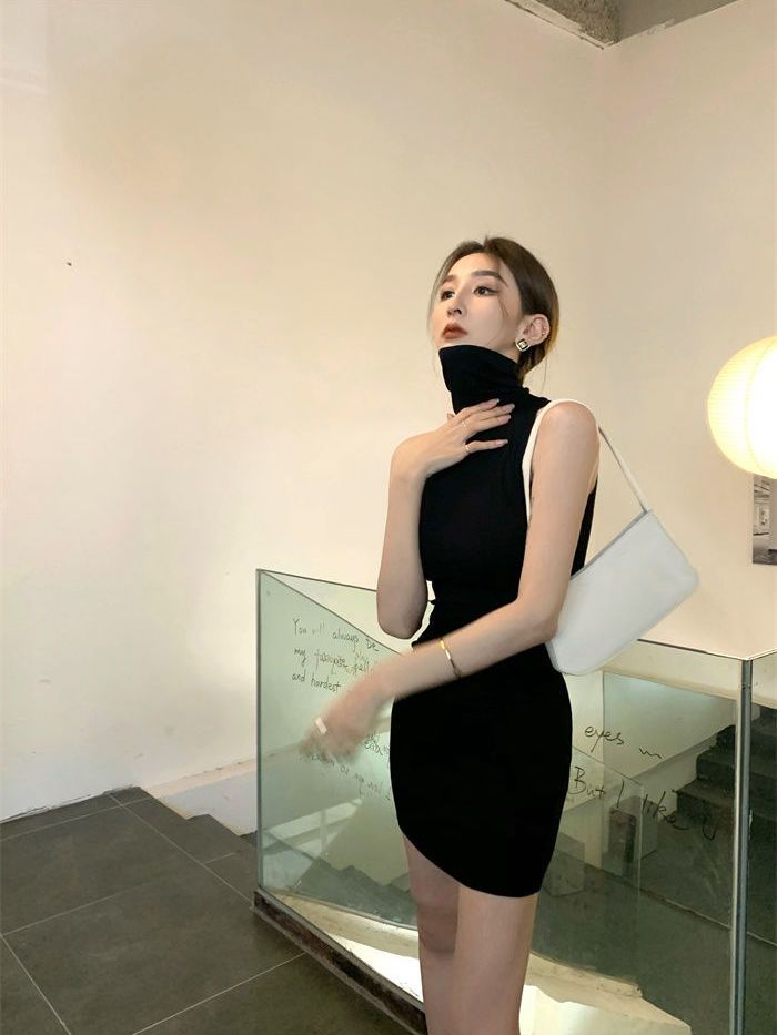 Black sleeveless half-high collar dress women's clothing summer 2022 new hot girl waist skirt sexy hip skirt skirt