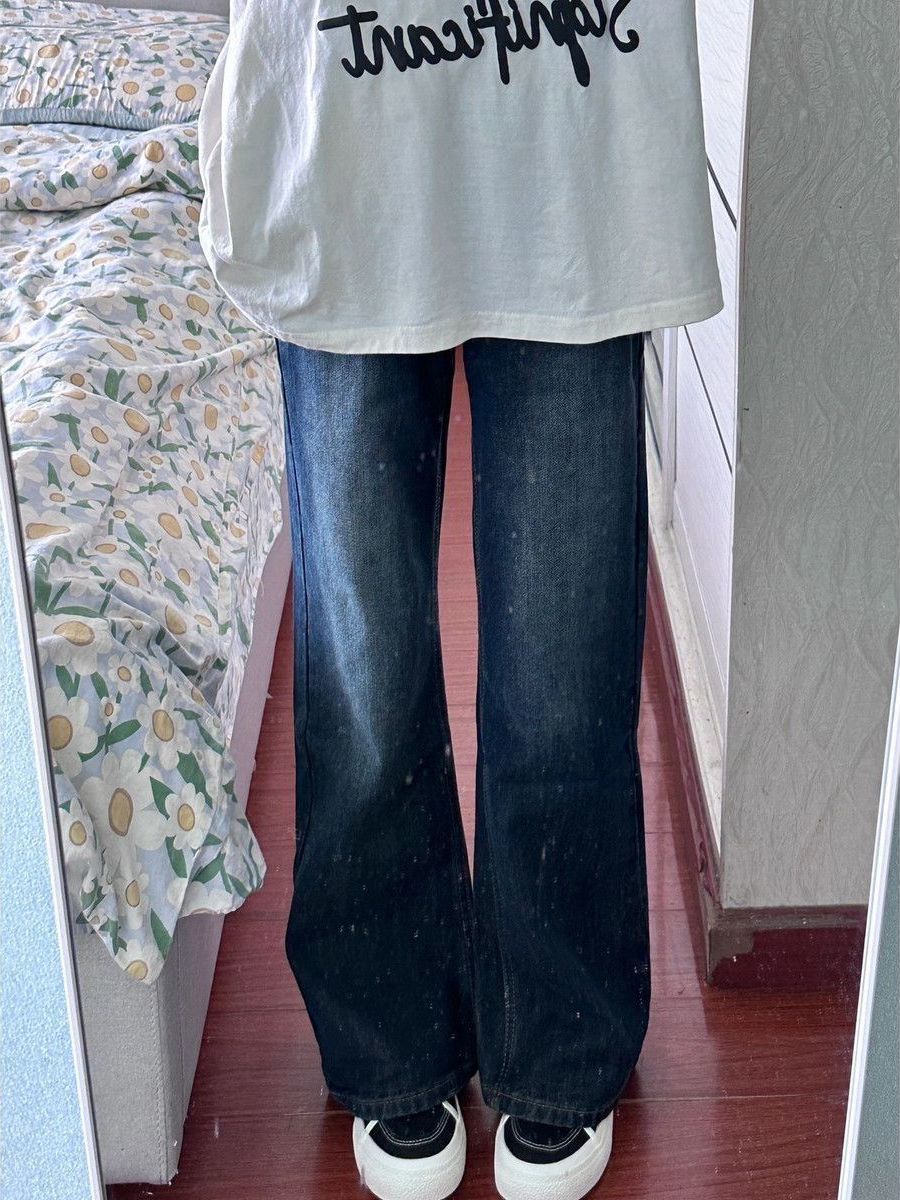 復古高腰微喇叭牛仔褲女秋季新款小個子寬鬆顯瘦垂感直筒長褲子潮