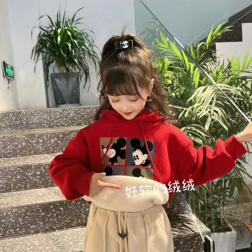 Unisex sister and brother children's fleece thickened Mickey cartoon hooded sweater casual loose top New Year's clothes