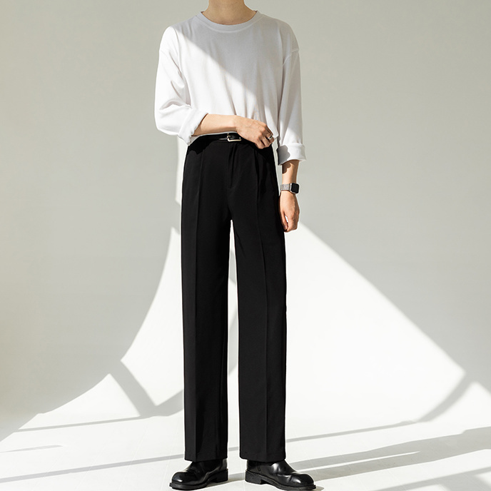 Hong Kong style spring and autumn drapey trousers men's straight-leg no-iron loose trousers ten-length trousers thickened wide-leg floor-length trousers with elastic waist