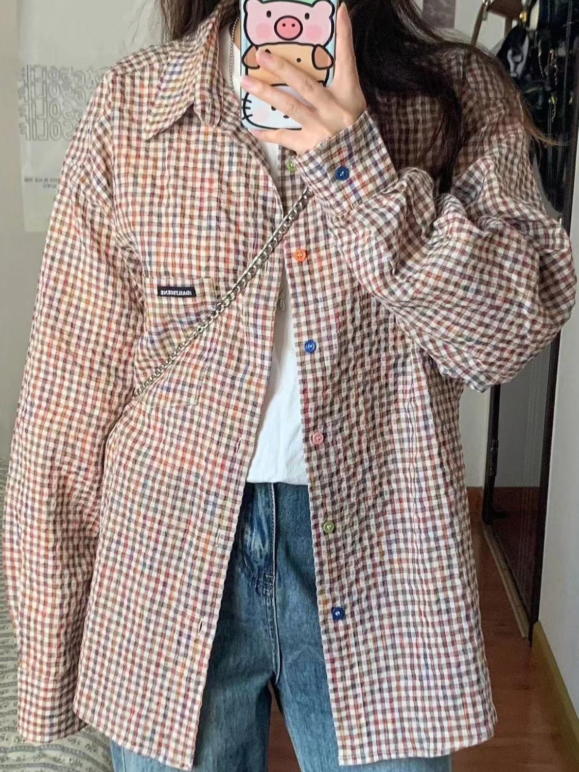 2023新款森系復古彩虹格紋襯衫女輕奢高檔寬鬆顯瘦中長款襯衣外穿