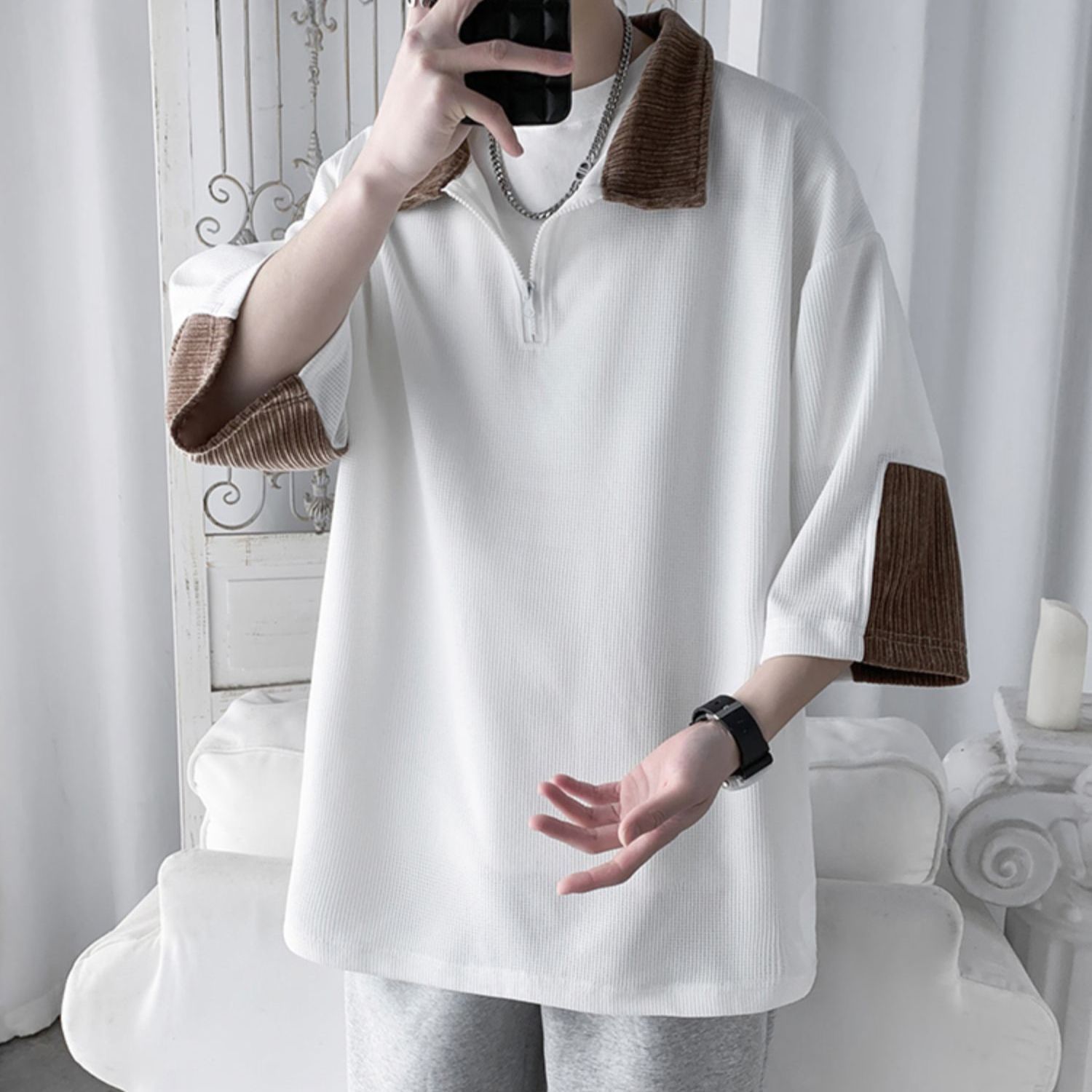 Heavy waffle polo shirt t-shirt men's trendy brand splicing half zipper short-sleeved sweater shirt collar three-quarter sleeve top