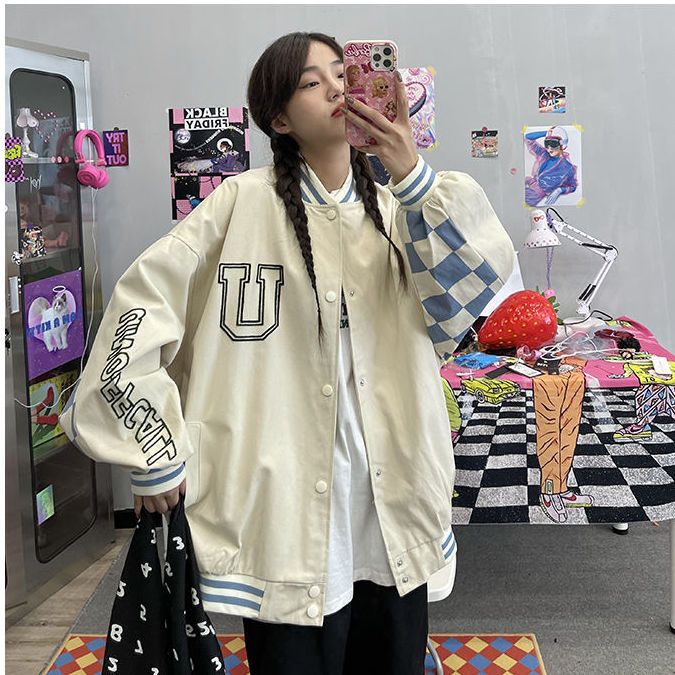American retro checkerboard patchwork baseball uniform jacket for women 2021 autumn and winter new loose and versatile trendy brand jacket