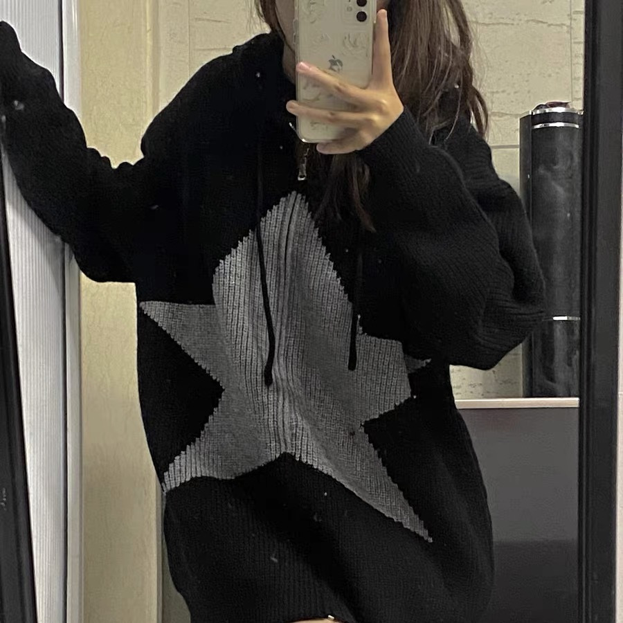 美式復古連帽溫柔毛衣女星星慵懶風寬鬆顯瘦百搭長袖針織開衫外套