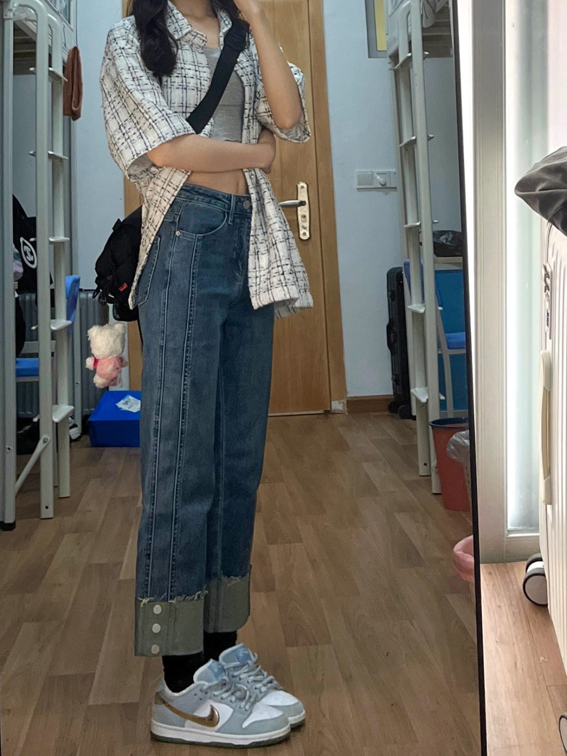 特大碼2-300斤直筒彈力牛仔褲女新款翻邊高腰顯瘦九分煙管老爹褲