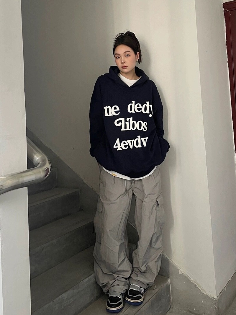 國潮牌藏青色字母連帽衛衣女春秋寬鬆oversize原宿風休閒百搭上衣