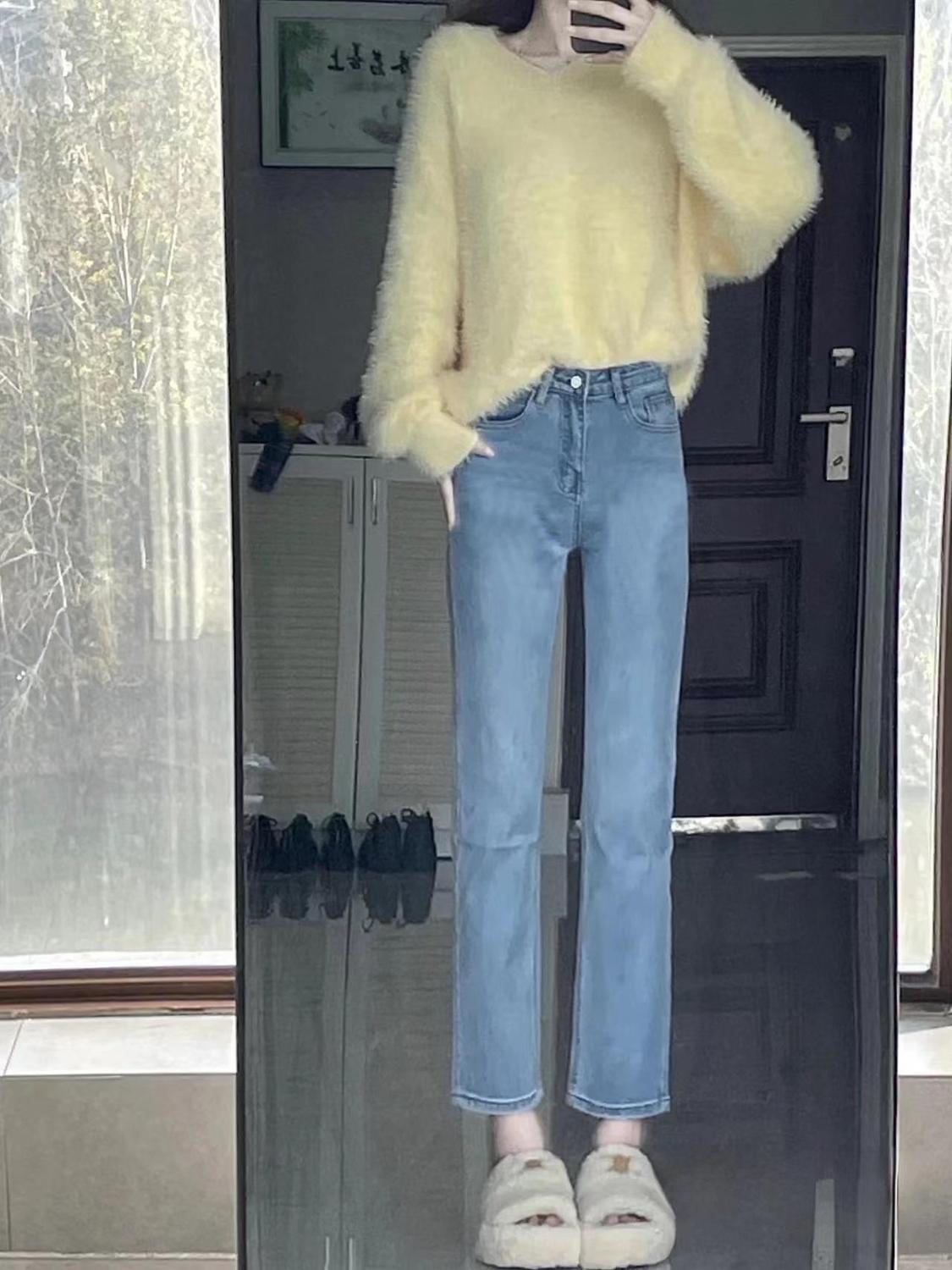 高腰直筒牛仔褲女2022年新款秋冬大碼胖mm顯瘦寬鬆彈力九分煙管褲