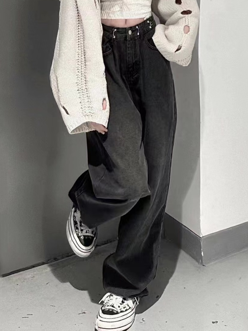 日系慵懶復古純色休閒百搭長褲女潮街頭寬鬆顯瘦直筒闊腿牛仔褲子